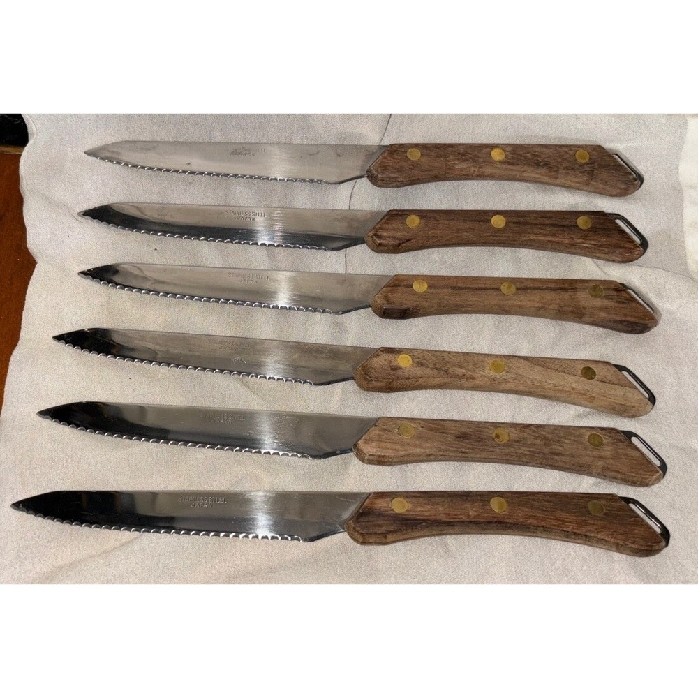 Vtg 6 Serrated Steak Knives Stainless Steel Wood‎ Handle With End Loop Japan